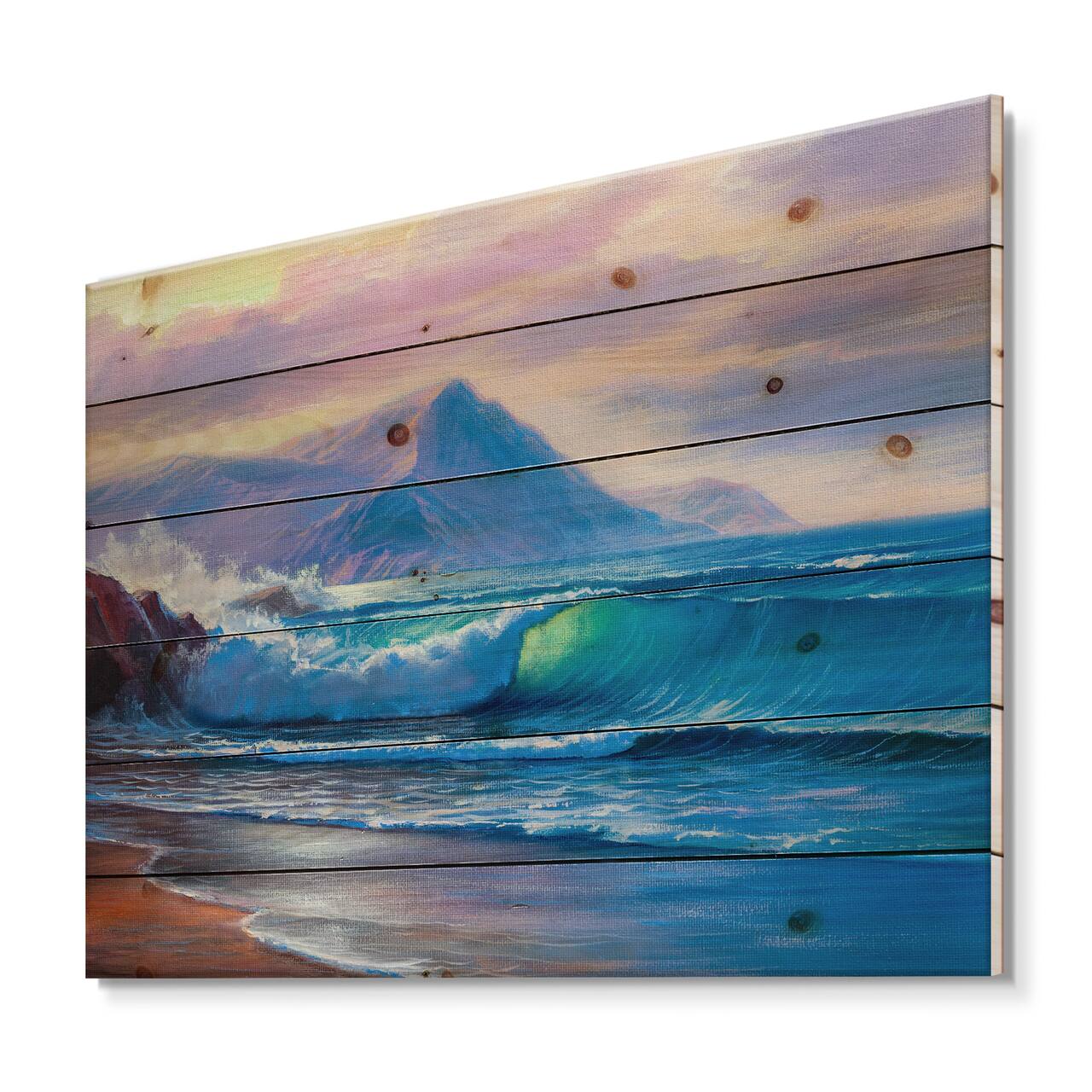 Designart - Blue Waves Breaking At The Beach I - Nautical & Coastal Print on Natural Pine Wood